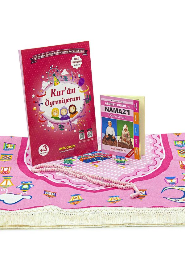 Çantalı Kuran Kursu Elif Ba Kitabı Çocuk Seccade İbadet Seti Pembe 